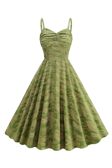 A Line Army Green Spaghetti Straps Trykt Vintage 1950'erne Kjole
